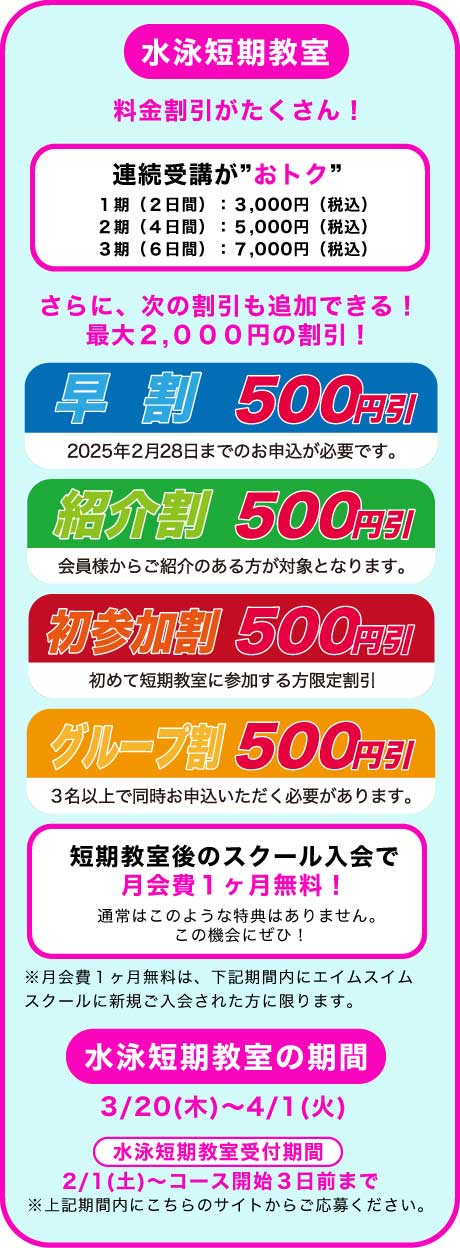 「水泳短期教室でおトクに入会しよう」の図解